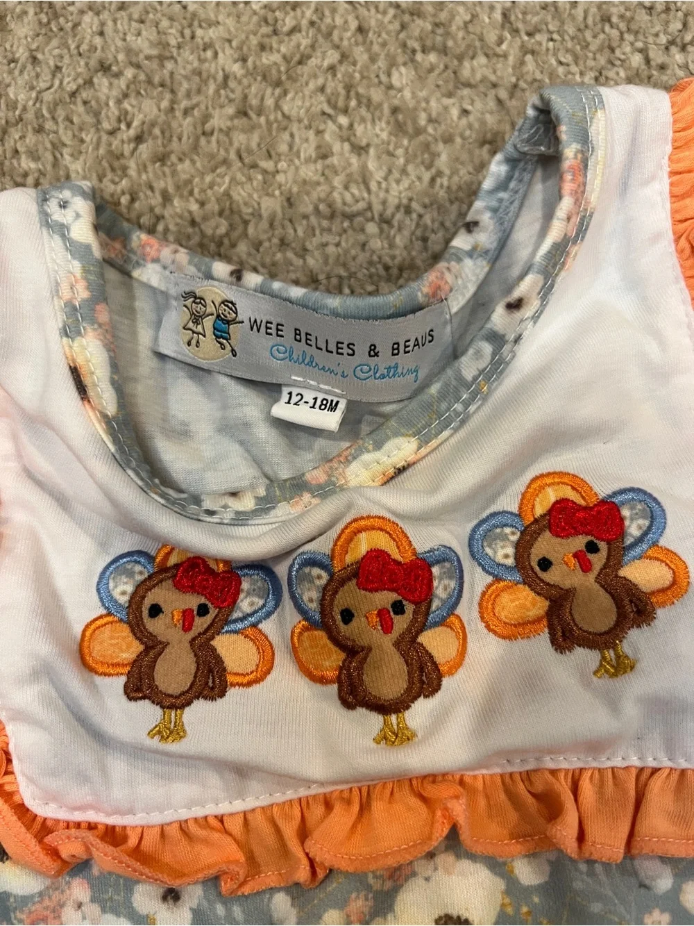Girls Floral Ruffle One-Piece Thanksgiving Romper with Orange Trim